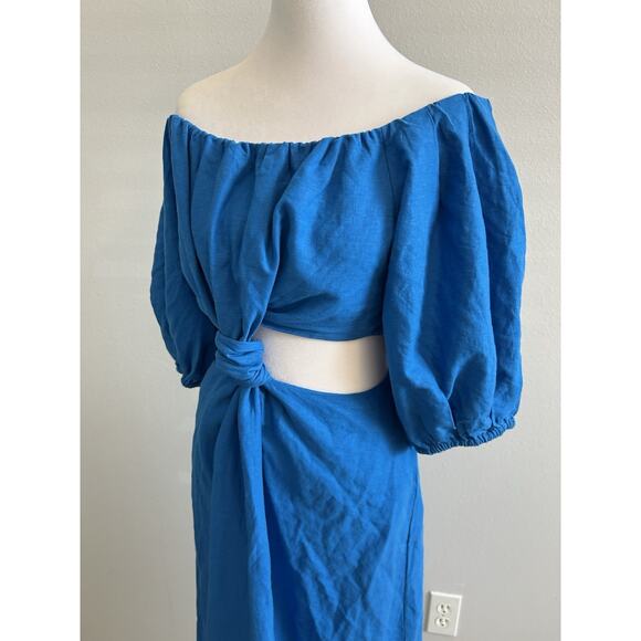 FARM RIO Linen Dress Med Blue Cut Out Off Shoulder Boho Artsy Coastal Nautical - Picture 15 of 16